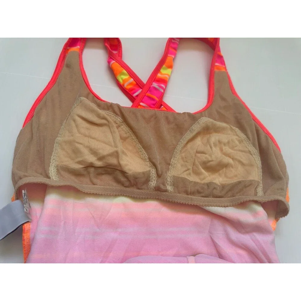Willow Sport Girls One Piece Swimsuit Neon Pink Orange Stripe Size 10